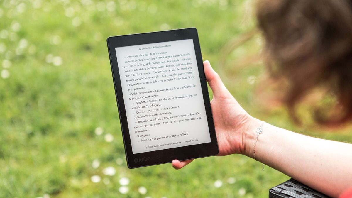 Hand h&auml;lt einen E-Reader mit aufgeschlagenem Text vor gr&uuml;ner Wiese
