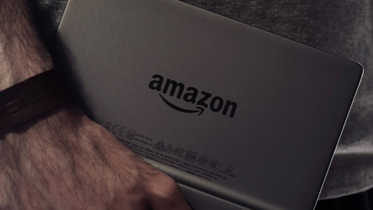 Eine Hand h&auml;lt einen Kindle mit der R&uuml;ckseite und dem Amazon-Logo nach vorn